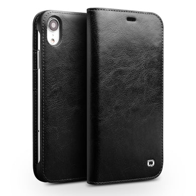 QIALINO Genuine Cowhide Leather Phone Case for iPhone XR 6.1 inch, Full Protection Folio Flip Wallet Mobile Cover - Black
