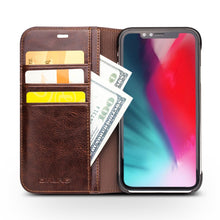 QIALINO Genuine Cowhide Leather Phone Case for iPhone XR 6.1 inch, Full Protection Folio Flip Wallet Mobile Cover - Brown