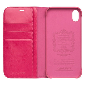 QIALINO Genuine Cowhide Leather Phone Case for iPhone XR 6.1 inch, Full Protection Folio Flip Wallet Mobile Cover - Pink