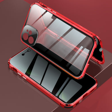 For iPhone 12 mini Four-corner Shockproof Anti-peeping Magnetic Metal Frame Double-sided Tempered Glass Case (Red)