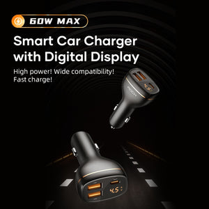 ROCK C301 60W Smart Digital Display Three Ports Car Charger(Black)