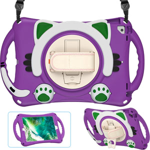Cute Cat King Kids Shockproof Silicone Tablet Case with Holder & Shoulder Strap & Handle For iPad 9.7 2018 / 2017 / Air / Air 2 / Pro 9.7(Purple)