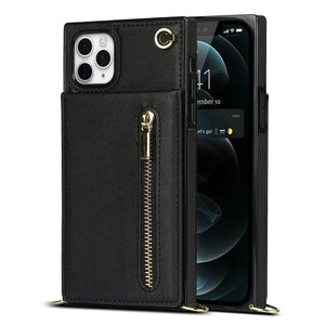 For iPhone 11 Pro Max Cross-body Zipper Square TPU+PU Back Cover Case with Holder & Card Slots & Wallet & Strap (Black)