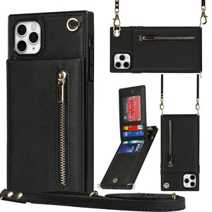 For iPhone 11 Pro Max Cross-body Zipper Square TPU+PU Back Cover Case with Holder & Card Slots & Wallet & Strap (Black)