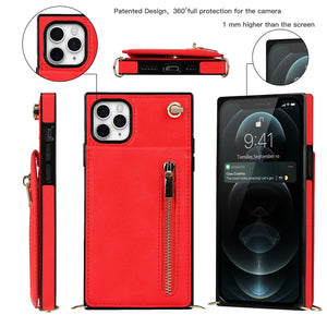 For iPhone 11 Pro Max Cross-body Zipper Square TPU+PU Back Cover Case with Holder & Card Slots & Wallet & Strap (Red)