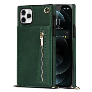 For iPhone 11 Pro Max Cross-body Zipper Square TPU+PU Back Cover Case with Holder & Card Slots & Wallet & Strap (Green)