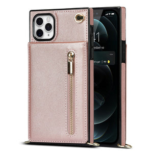 For iPhone 11 Pro Max Cross-body Zipper Square TPU+PU Back Cover Case with Holder & Card Slots & Wallet & Strap (Rose Gold)