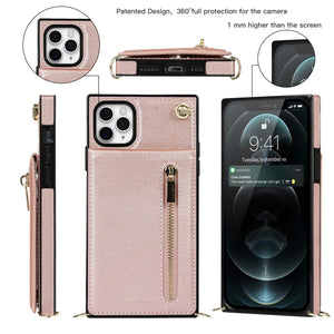 For iPhone 11 Pro Max Cross-body Zipper Square TPU+PU Back Cover Case with Holder & Card Slots & Wallet & Strap (Rose Gold)