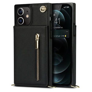 For iPhone 12 / 12 Pro Cross-body Zipper Square TPU+PU Back Cover Case with Holder & Card Slots & Wallet & Strap(Black)