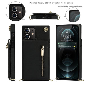 For iPhone 12 / 12 Pro Cross-body Zipper Square TPU+PU Back Cover Case with Holder & Card Slots & Wallet & Strap(Black)