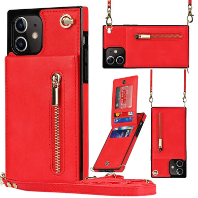 For iPhone 12 / 12 Pro Cross-body Zipper Square TPU+PU Back Cover Case with Holder & Card Slots & Wallet & Strap(Red)