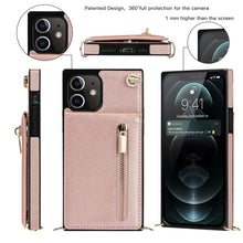 For iPhone 12 / 12 Pro Cross-body Zipper Square TPU+PU Back Cover Case with Holder & Card Slots & Wallet & Strap(Rose Gold)