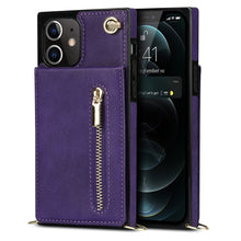 For iPhone 12 / 12 Pro Cross-body Zipper Square TPU+PU Back Cover Case with Holder & Card Slots & Wallet & Strap(Purple)