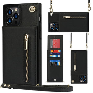 For iPhone 12 Pro Max Cross-body Zipper Square TPU+PU Back Cover Case with Holder & Card Slots & Wallet & Strap(Black)