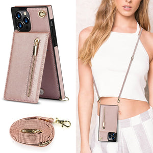 For iPhone 12 Pro Max Cross-body Zipper Square TPU+PU Back Cover Case with Holder & Card Slots & Wallet & Strap(Rose Gold)