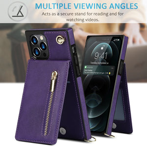 For iPhone 12 Pro Max Cross-body Zipper Square TPU+PU Back Cover Case with Holder & Card Slots & Wallet & Strap(Purple)