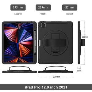 For iPad Pro 12.9 2022 / 2021 360 Degree Rotation PC + TPU Protective Tablet Case with Holder & Hand-strap(Black)
