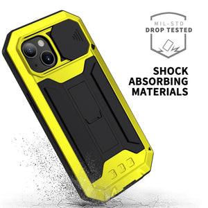 For iPhone 13 mini R-JUST Sliding Camera Shockproof Waterproof Dust-proof Metal + Silicone Protective Case with Holder (Yellow)