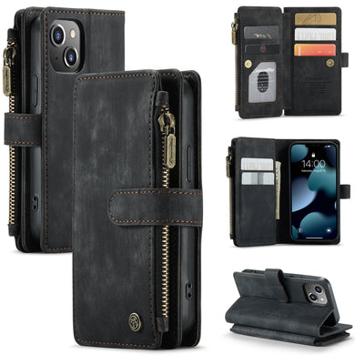 For iPhone 13 mini CaseMe-C30 PU + TPU Multifunctional Horizontal Flip Leather Case with Holder & Card Slot & Wallet & Zipper Pocket (Black)