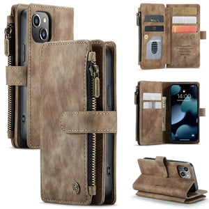 For iPhone 13 mini CaseMe-C30 PU + TPU Multifunctional Horizontal Flip Leather Case with Holder & Card Slot & Wallet & Zipper Pocket (Brown)