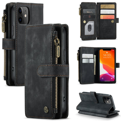 For iPhone 12 mini CaseMe-C30 PU + TPU Multifunctional Horizontal Flip Leather Case with Holder & Card Slot & Wallet & Zipper Pocket (Black)