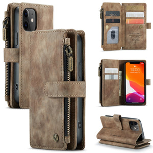 For iPhone 12 mini CaseMe-C30 PU + TPU Multifunctional Horizontal Flip Leather Case with Holder & Card Slot & Wallet & Zipper Pocket (Brown)