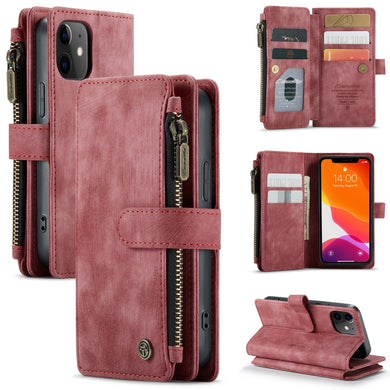 For iPhone 12 mini CaseMe-C30 PU + TPU Multifunctional Horizontal Flip Leather Case with Holder & Card Slot & Wallet & Zipper Pocket (Red)