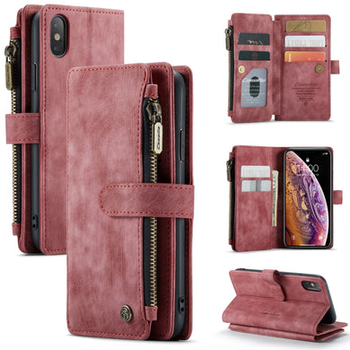 For iPhone X / XS CaseMe-C30 PU + TPU Multifunctional Horizontal Flip Leather Case with Holder & Card Slot & Wallet & Zipper Pocket(Red)