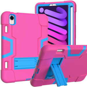 For iPad mini 6 Contrast Color Robot Shockproof Silicone + PC Protective Tablet Case with Holder & Pen Slot(Rose Red Blue)