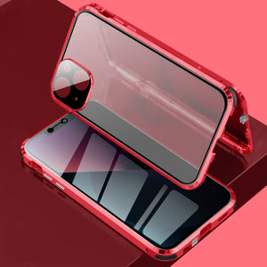 For iPhone 13 Four-corner Shockproof Anti-peeping Magnetic Metal Frame Double-sided Tempered Glass Case(Red)