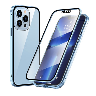 For iPhone 13 Pro Max HD Magnetic Metal Frame Double-sided Tempered Glass Phone Case (Sierra Blue)