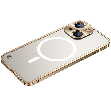 For iPhone 13 mini Metal Frame Frosted PC Shockproof Magsafe Case (Gold)