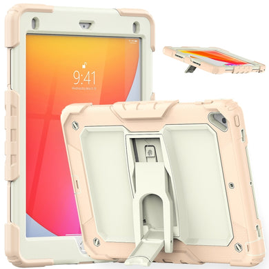 Shockproof Colorful Silicone + Beige PC Tablet Protective Case with Holder & Shoulder Strap For iPad 9.7 2018 / 2017(Rose Gold)