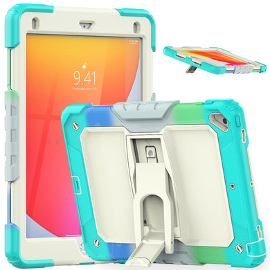 Shockproof Colorful Silicone + Beige PC Tablet Protective Case with Holder & Shoulder Strap For iPad 9.7 2018 / 2017(Camouflage Light Blue)