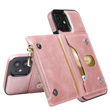 For iPhone 12 mini Zipper Wallet Bag PU Back Cover Shockrpoof Phone Case with Holder & Card Slots & Wallet (Pink)