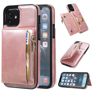 For iPhone 12 mini Zipper Wallet Bag PU Back Cover Shockrpoof Phone Case with Holder & Card Slots & Wallet (Pink)