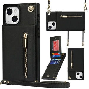 For iPhone 13 mini Cross-body Zipper Square Phone Case with Holder (Black)