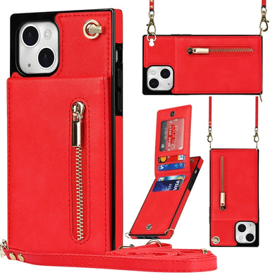 For iPhone 13 mini Cross-body Zipper Square Phone Case with Holder (Red)