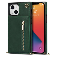 For iPhone 13 mini Cross-body Zipper Square Phone Case with Holder (Green)