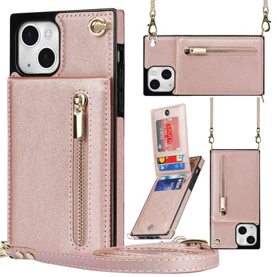 For iPhone 13 mini Cross-body Zipper Square Phone Case with Holder (Rose Gold)