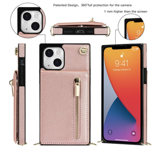 For iPhone 13 mini Cross-body Zipper Square Phone Case with Holder (Rose Gold)