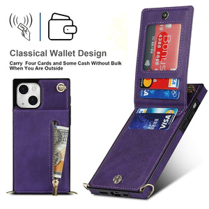 For iPhone 13 mini Cross-body Zipper Square Phone Case with Holder (Purple)