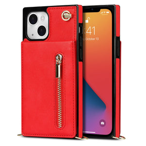 For iPhone 13 Cross-body Zipper Square Phone Case with Holder(Red)
