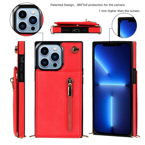 For iPhone 13 Pro Max Cross-body Zipper Square Phone Case with Holder (Red)