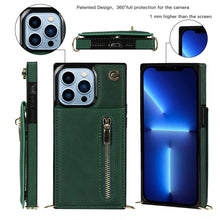 For iPhone 13 Pro Max Cross-body Zipper Square Phone Case with Holder (Green)