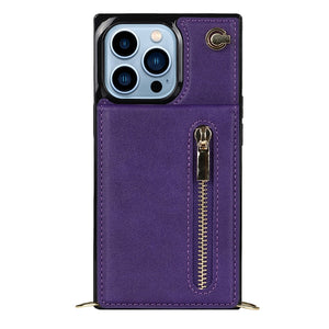 For iPhone 13 Pro Max Cross-body Zipper Square Phone Case with Holder (Purple)
