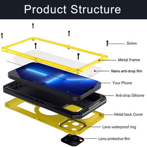 For iPhone 13 Pro Max Shockproof Waterproof Dustproof Metal + Silicone Phone Case with Screen Protector (Yellow)