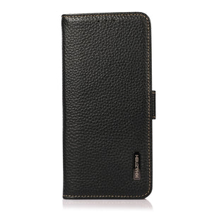 For iPhone 13 mini KHAZNEH Side-Magnetic Litchi Genuine Leather RFID Case (Black)