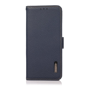 For iPhone 13 mini KHAZNEH Side-Magnetic Litchi Genuine Leather RFID Case (Blue)