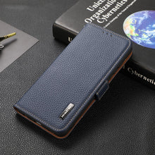 For iPhone 13 mini KHAZNEH Side-Magnetic Litchi Genuine Leather RFID Case (Blue)